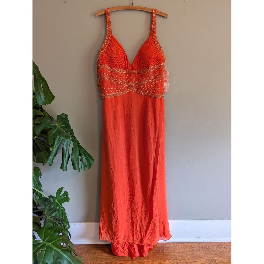 NWT Vintage Y2K Lets Fashion Orange Beaded Sequin Formal Gown Dress w/ Shawl 2XL